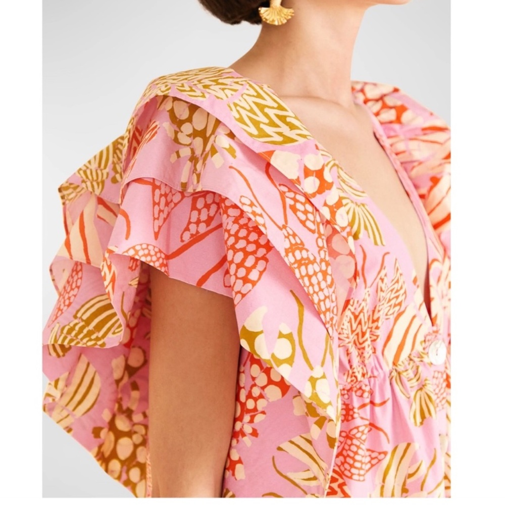 Anthropologie Farm Rio Mixed Lobsters Pink Ruffle Sleeve Mini Dress S - Picture 5 of 14